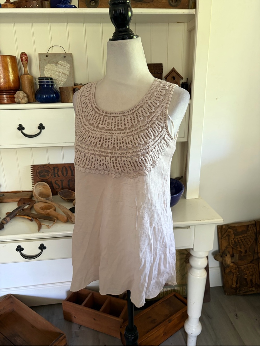 Spense Light Cream  Crochet Yoke Sleeveless Top